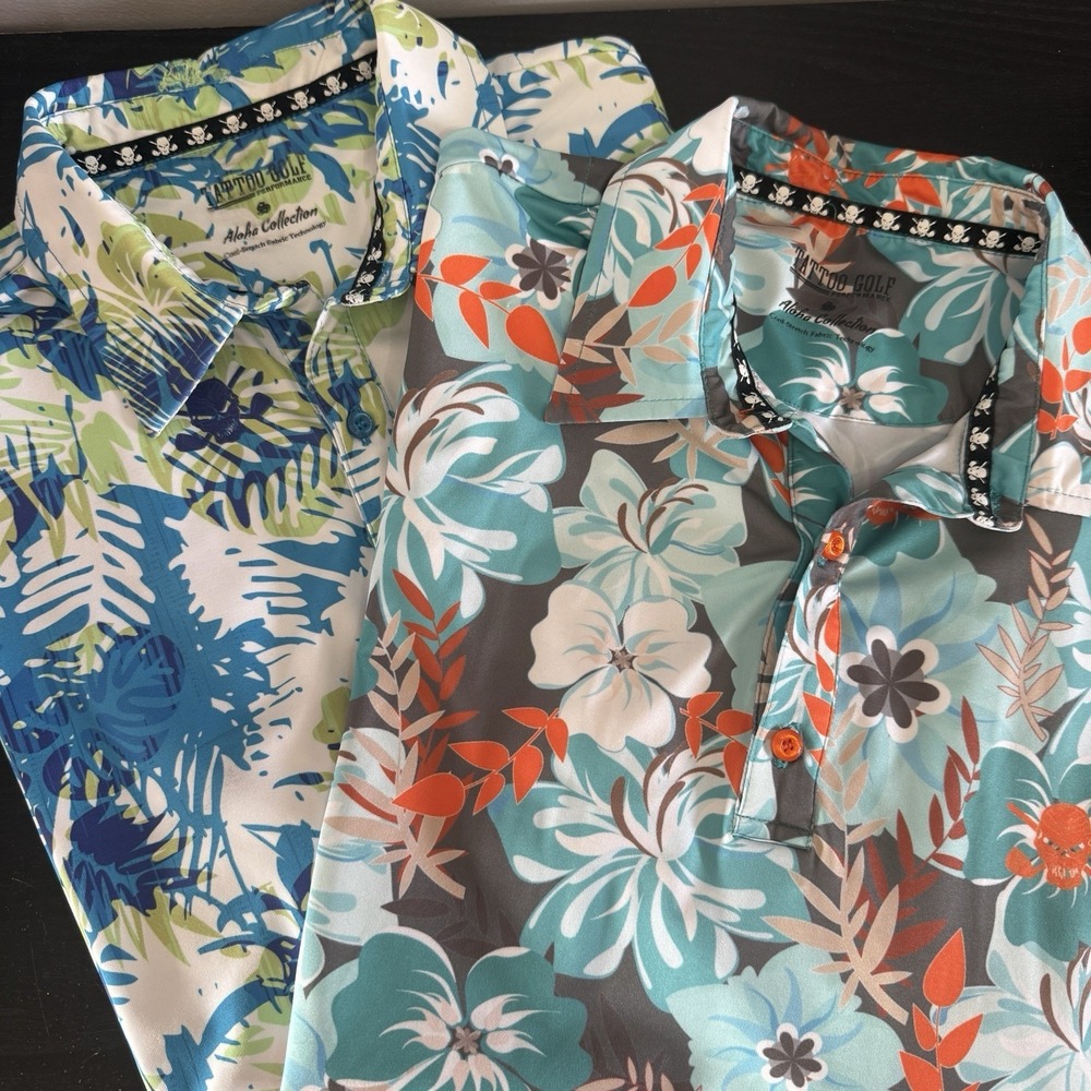 2 Lot Tattoo Golf Polo Shirts Mens S Aloha Collection Floral Tropical‎ Skull